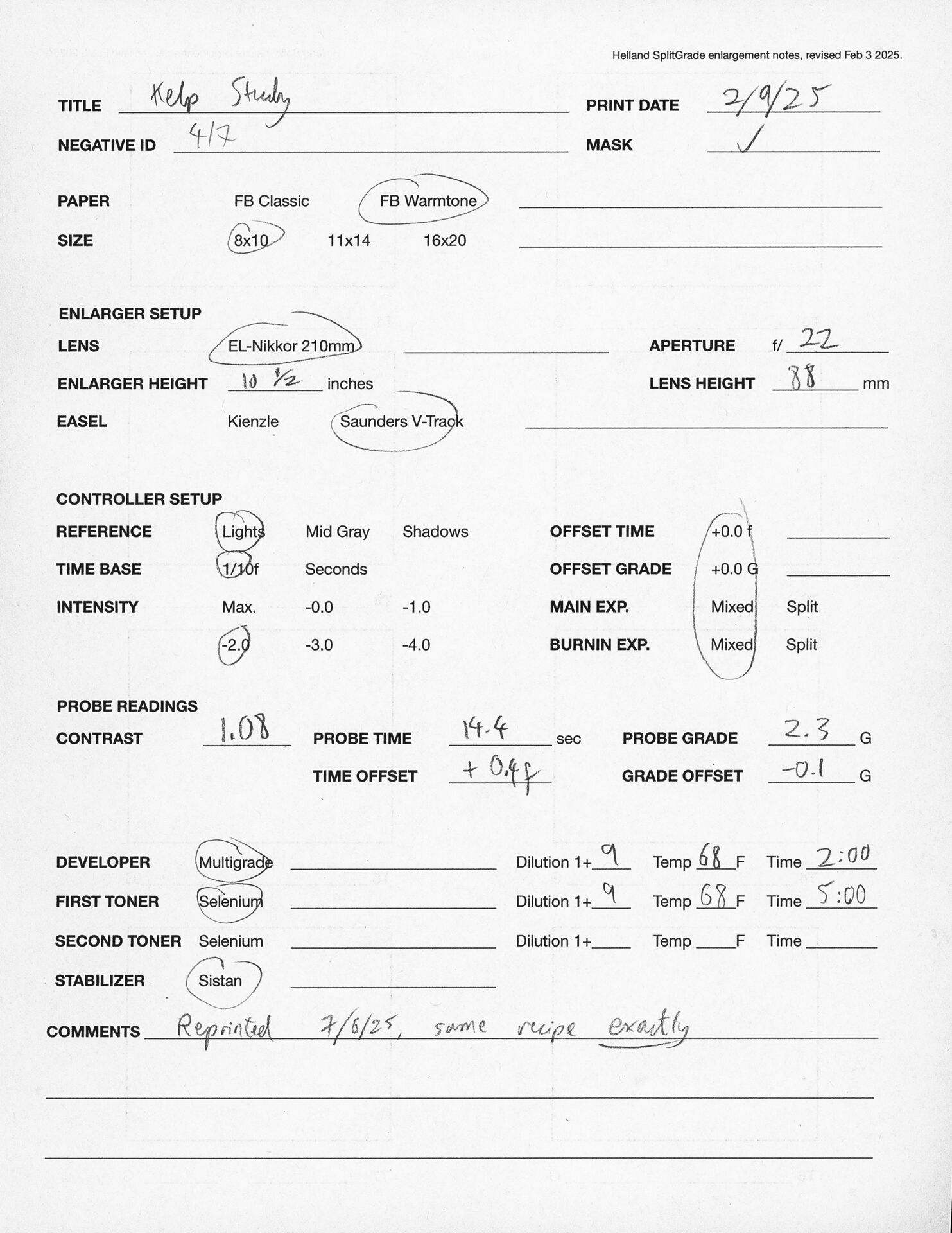 Printing notes (front)