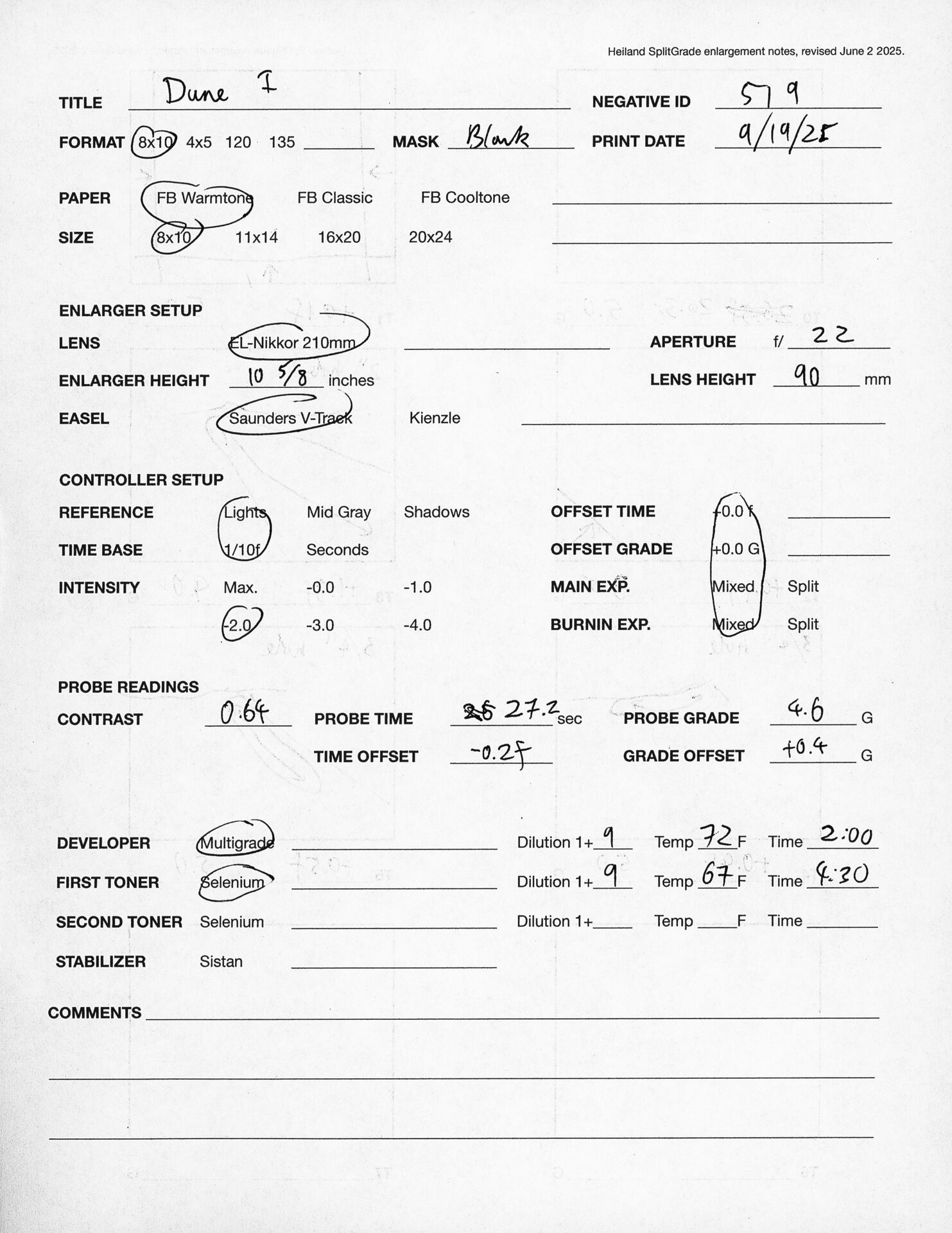 Printing notes (front)