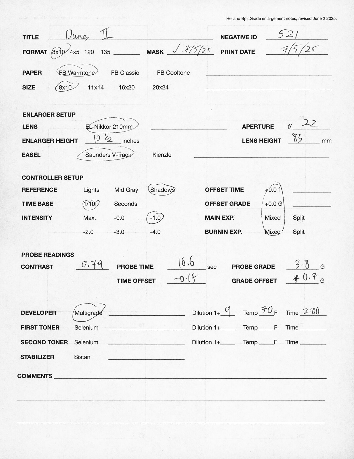 Printing notes (front)