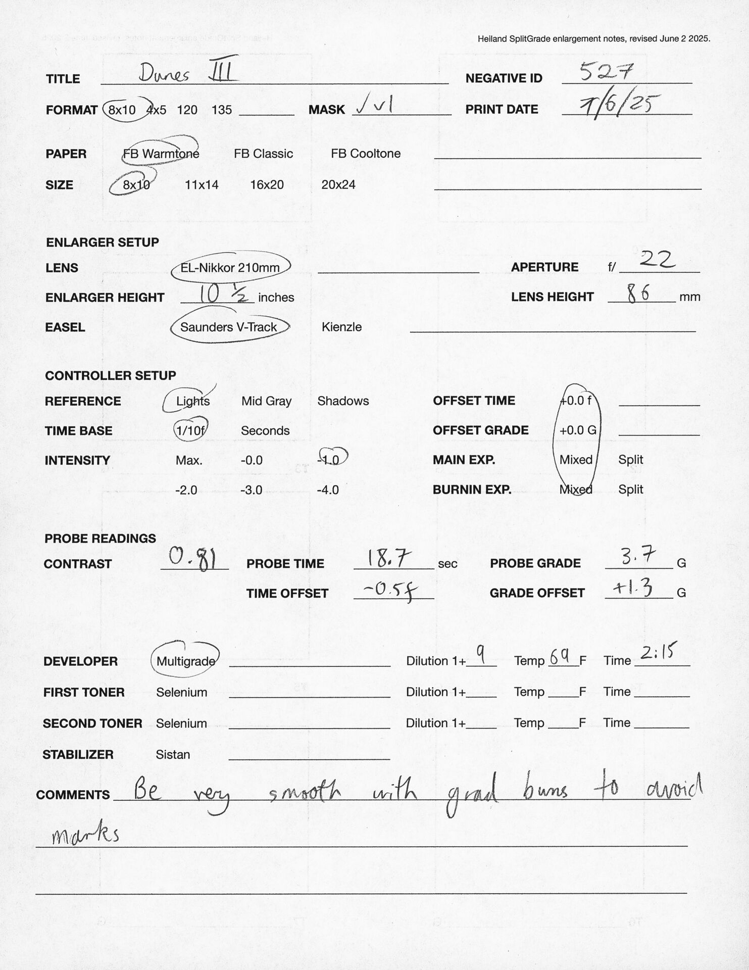 Printing notes (front)